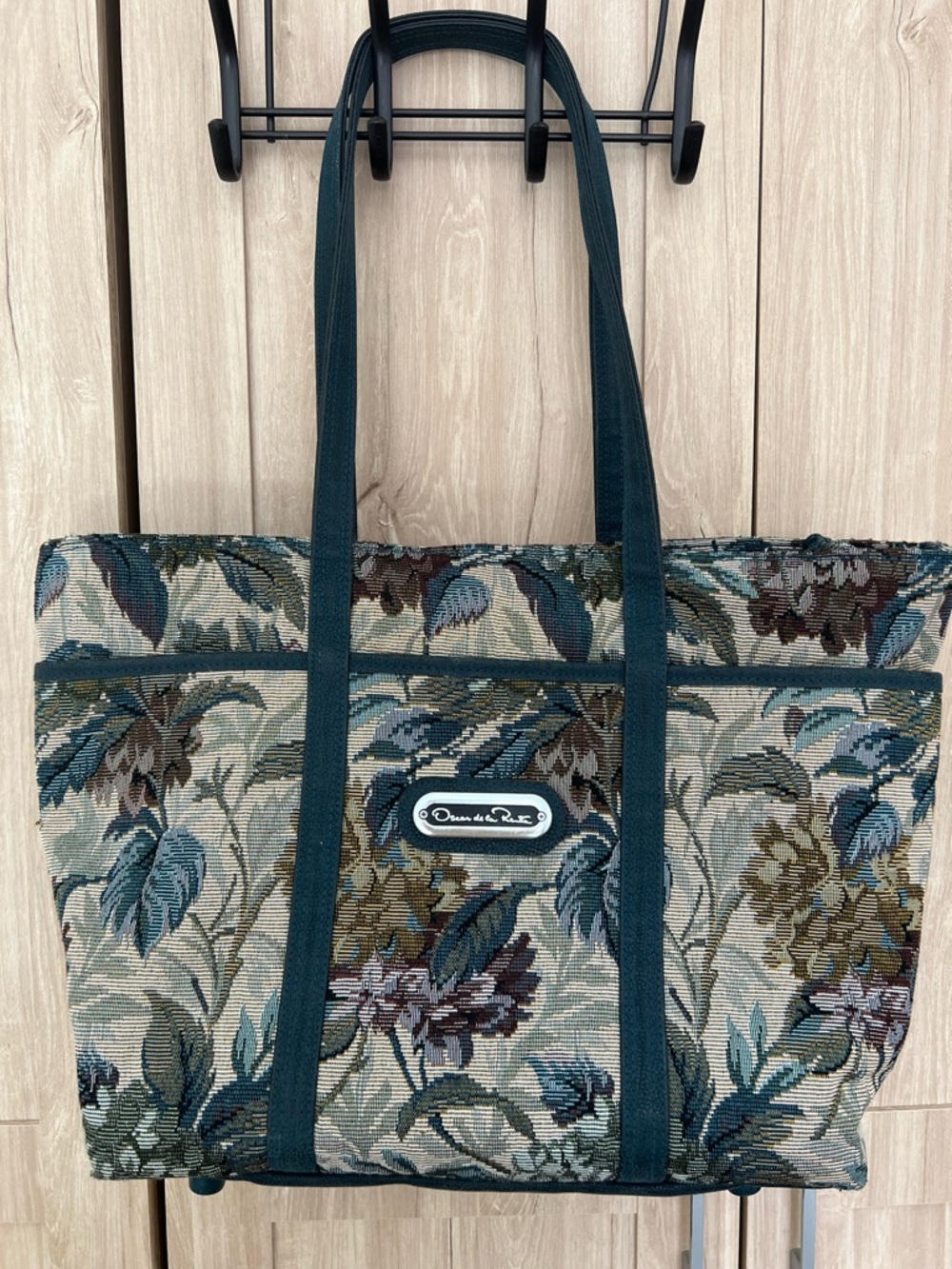Vintage Oscar de la Renta Blue and Green Floral Tapestry Tote Bag